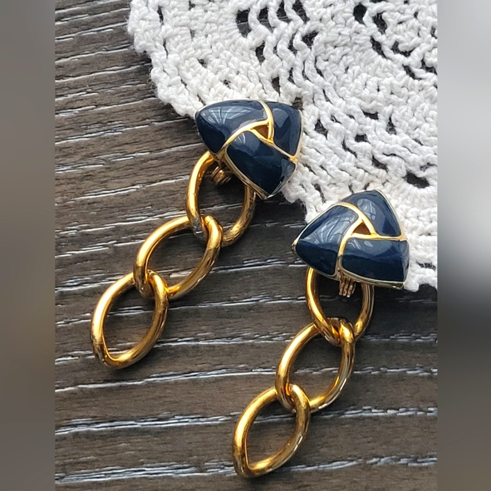 MONET totally 80s navy and gold clipon enamel earrings removable chains